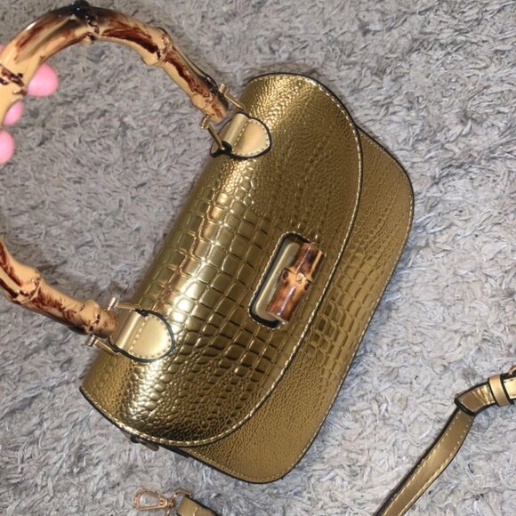 Neiman Marcus Lucine Gold Crocodile Leather Bamboo Handle Shoulder Bag - Picture 5 of 5